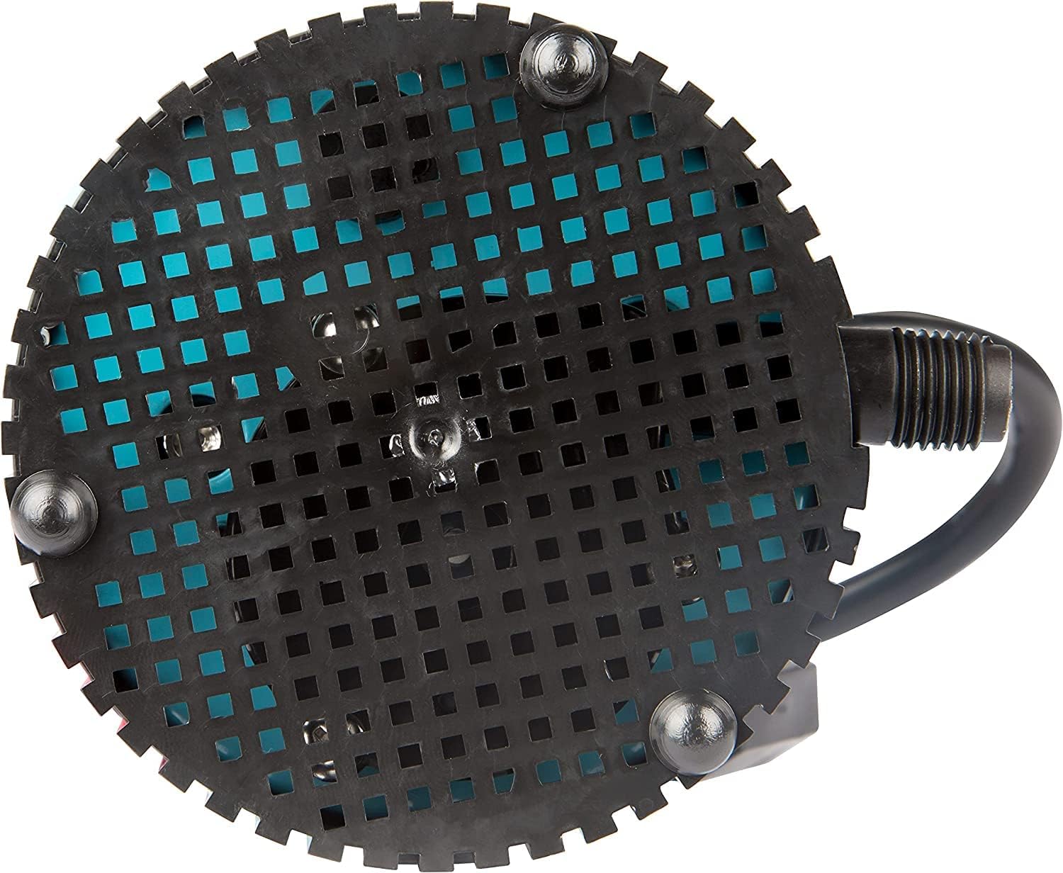 Close-up of a black circular fan cover with a cord, secured by four corner screws from the Pool Goods Little Giant Small Submersible Permanently Oiled Pump 1-AA-18 (500500).