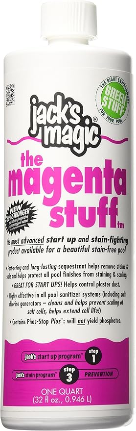 A 32 oz bottle of JacksMagic Magenta Stuff Metal Remover, PMAGENTA032; expertly designed to prevent and eliminate stains, keeping your pool finishes immaculate.