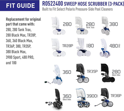 Polaris SWEEP HOSE SCRUBBER 3/PK (R0522400) fit guide—shows compatible Polaris cleaner models with product images. Includes sweep hose scrubber details and Polaris OEM replacement info for easy identification. Brand: Polaris.