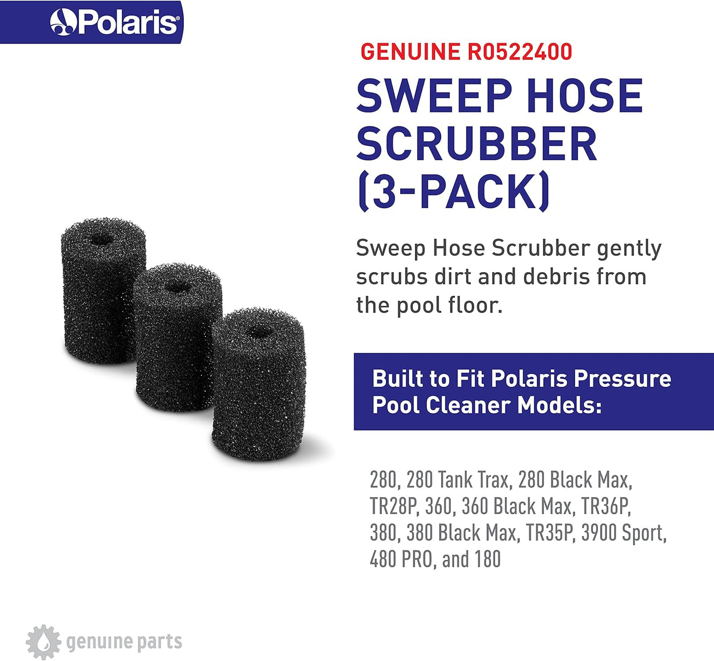 Three Polaris Sweep Hose Scrubber 3/PK (R0522400) foam cylinders are pictured beside product info and compatible model details, emphasizing their use as genuine Polaris replacement parts.