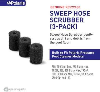 Three Polaris Sweep Hose Scrubber 3/PK (R0522400) foam cylinders are pictured beside product info and compatible model details, emphasizing their use as genuine Polaris replacement parts.