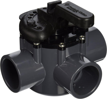 The Pentair 1-1/2" 3-Way Compool PVC Valve | 263037 features a black and gray lever handle design, multiple connection points, and chemical-resistant materials for maintenance-free durability, reflecting the reliability of Pentair Diverter Valves.