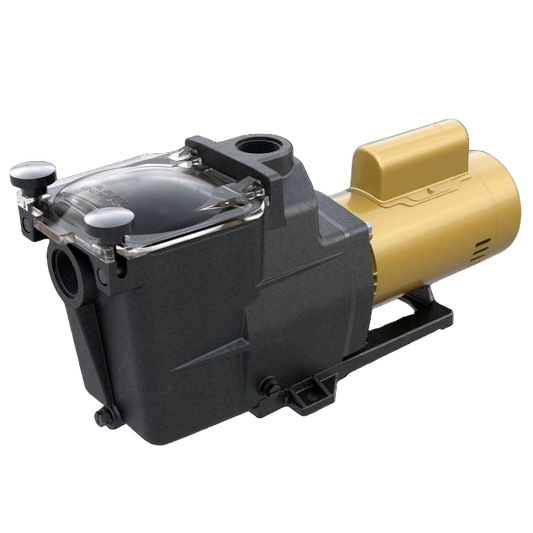 The Pool Goods 1 HP SUPER PUMP, OL (W3SP2607X10) features a black body, yellow motor, and clear filter lid—perfect as a super pump for efficient pool maintenance.