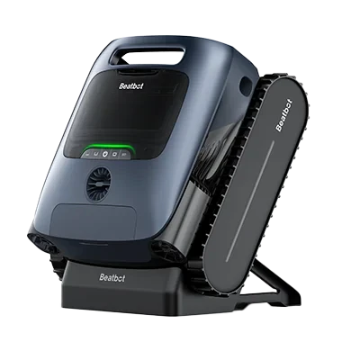 The Beatbot A100 Pro Robotic Cleaner is a compact, dark-colored device with tank treads on its docking station. Featuring control buttons and the Beatbot brand, this cordless pool cleaner offers intelligent path optimization.