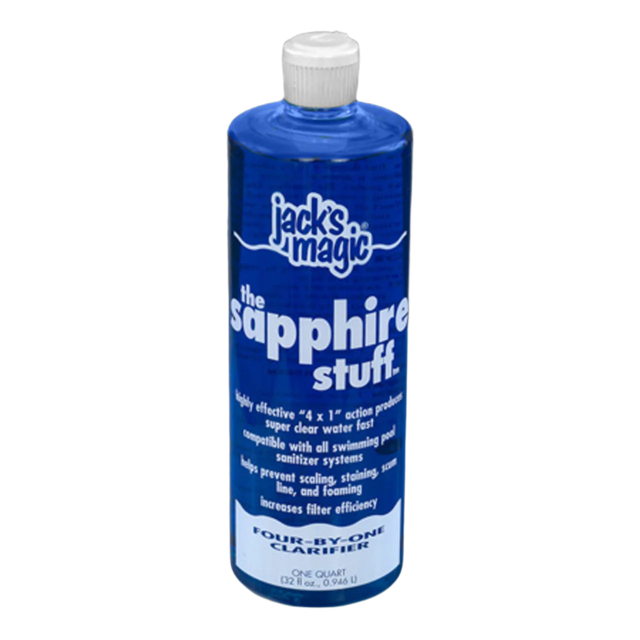 The Jacks Magic product, Sapphire Stuff in a 32 oz bottle (JMSAPPHIRE03), is a pool clarifier and sequestrant designed to prevent scaling, staining, and foaming while enhancing filter efficiency.