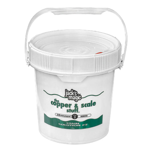 A white pail labeled "Jacks Magic Stain Solution #2 Metal Remover" with a handle on a dark gradient background, ideal for removing copper stains and maintaining pristine pool surfaces. Brand: Jacks Magic. Product code: JMCOPPER10, 10 lb.