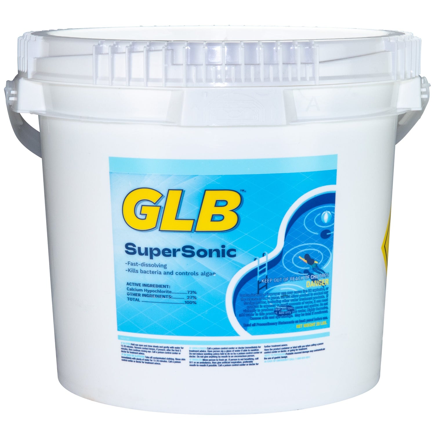 A white plastic 25 lb pail labeled "GLB Supersonic 73% Cal Hypo Granular Chlorine Shock" by GLB, featuring a blue and yellow label, kills bacteria, controls algae, and works as a fast-dissolving pool sanitizer.