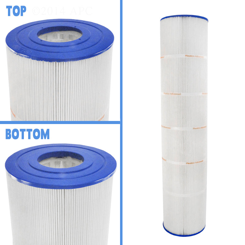 The Filbur Clean & Clear 125 sf Filter Cartridge (FC-1978) is showcased in full view and close-up, featuring blue end caps and highlighting the advanced filtration technology for superior pool and spa cleanliness.