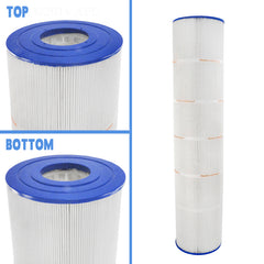 The Filbur Clean & Clear 125 sf Filter Cartridge (FC-1978) is showcased in full view and close-up, featuring blue end caps and highlighting the advanced filtration technology for superior pool and spa cleanliness.