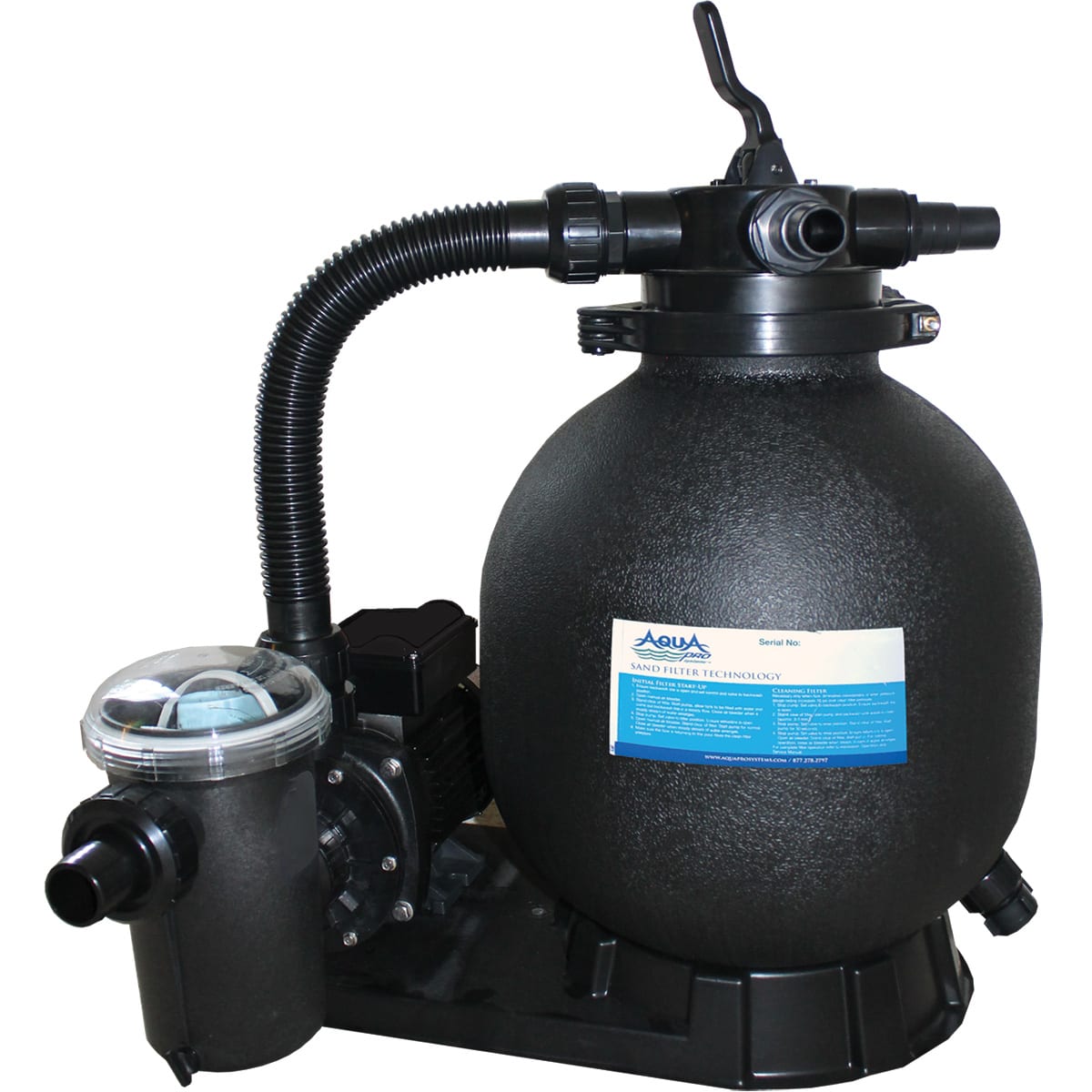 The Aquapro 15" Sand Filter & 1HP Single Speed Pump Combo (APA1063075LBS) is ideal for above ground pools, featuring a round chamber with attached hoses, a clear-lidded section, and a top valve handle to ensure efficient and easy pool filtration.