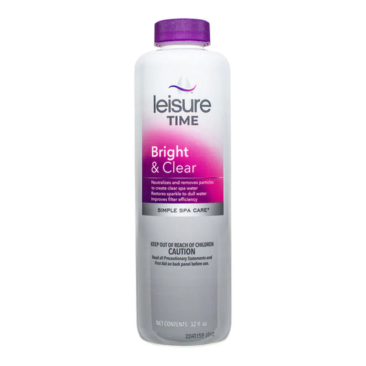 The 32 oz Leisure Time Spa Bright & Clear Clarifier, in a tall white bottle with a purple cap, highlights its water clarity advantages and includes safety warnings.