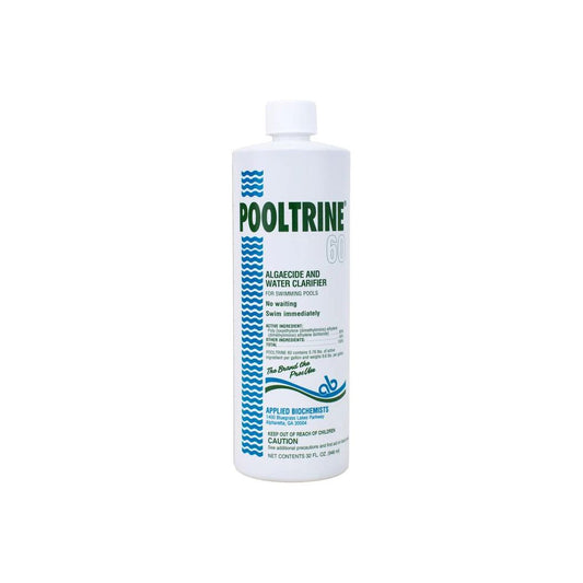 Applied Biochemists Pooltrine 60 (407303A): A 32 fl. oz. concentrated algaecide and water clarifier with blue and green text on a white bottle. This non-foaming polymer formula keeps your pool crystal clear.