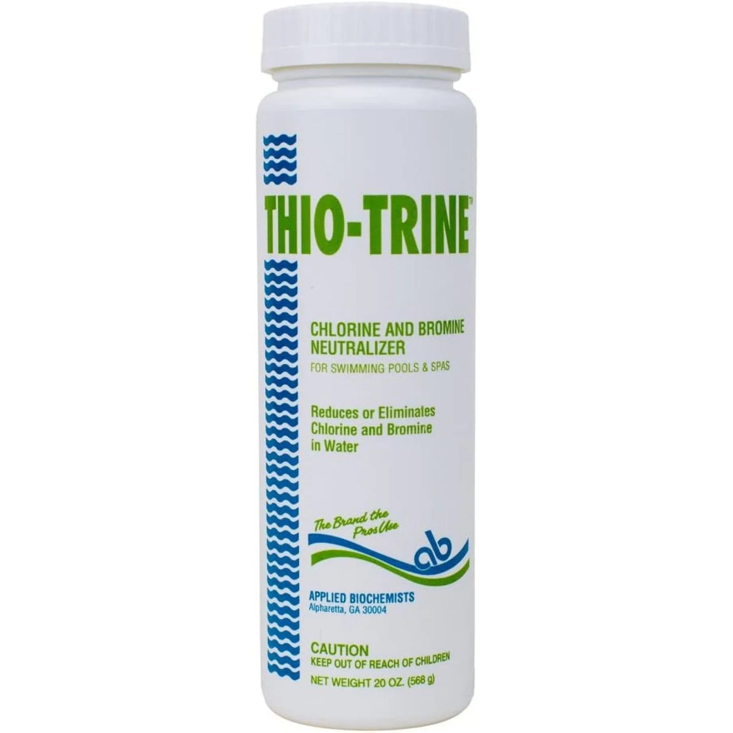 20 oz white bottle of Applied Biochemists' Thio-Trine Chlorine & Bromine Reducer & Neutralizer, product code 1115, ideal for optimizing chlorine levels in pools and spas. Includes visible instructions and caution label to minimize pool downtime.