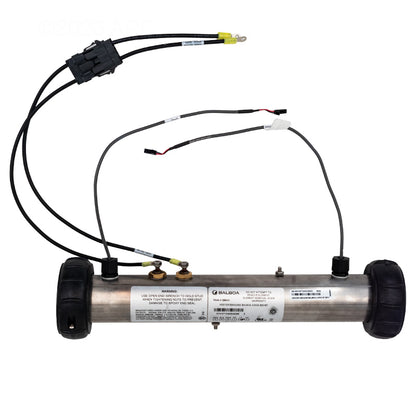 The Pool Goods Genuine Balboa 4KW Heater Assembly With M7 Sensors (58104) features black end caps, attached wiring, terminal connections, warning labels, and advanced M7 Sensor technology for reliable heating.