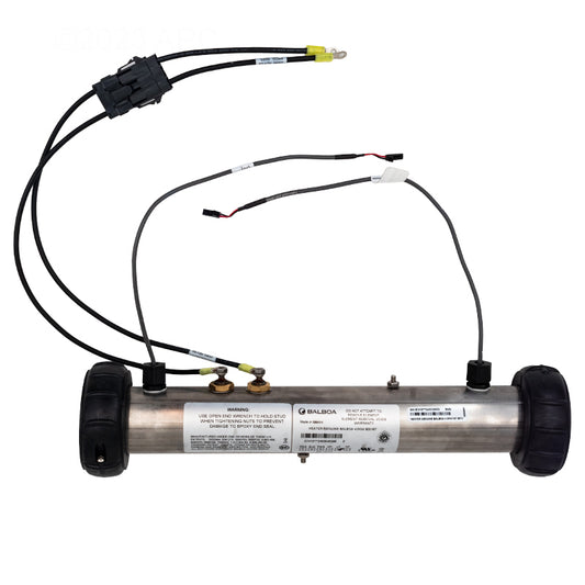 The Pool Goods Genuine Balboa 4KW Heater Assembly With M7 Sensors (58104) features black end caps, attached wiring, terminal connections, warning labels, and advanced M7 Sensor technology for reliable heating.