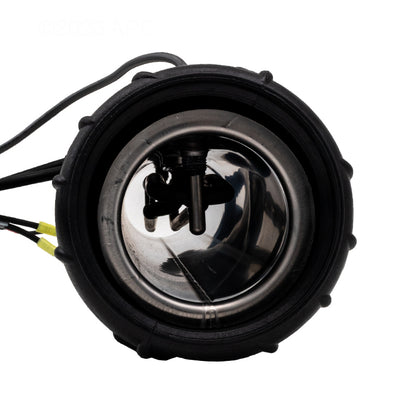 Close-up view of a round black and silver automotive headlight with visible wiring and internal parts, echoing the precision of the Pool Goods Genuine Balboa 4KW Heater Assembly With M7 Sensors (58104).