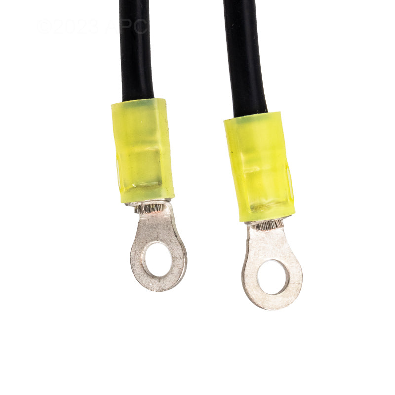 Two black wires with yellow insulated ring terminal connectors, featuring metal loops at the ends—ideal for use with the Genuine Balboa 4KW Heater Assembly With M7 Sensors (58104) by Pool Goods.