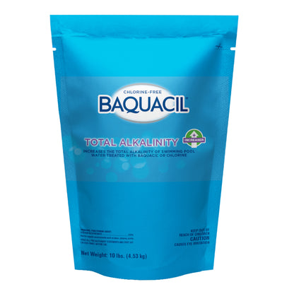 A 10 lb blue resealable stand-up pouch of Baquacil Total Alkalinity chlorine-free pool supplement, shown on a plain white background.
