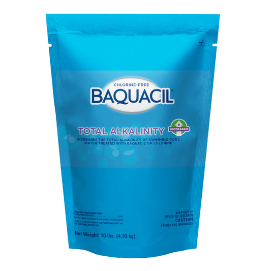 A 10 lb blue resealable stand-up pouch of Baquacil Total Alkalinity chlorine-free pool supplement, shown on a plain white background.