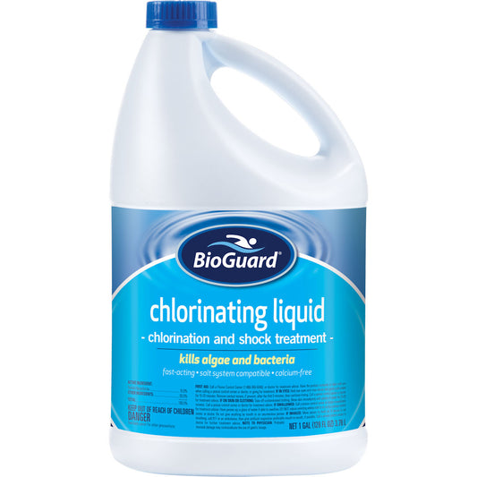 BioGuard Liquid Chlorine 10%, in a one-gallon blue and white container, is ideal for chlorination and shock treatment—perfect for effective pool maintenance and sanitization.