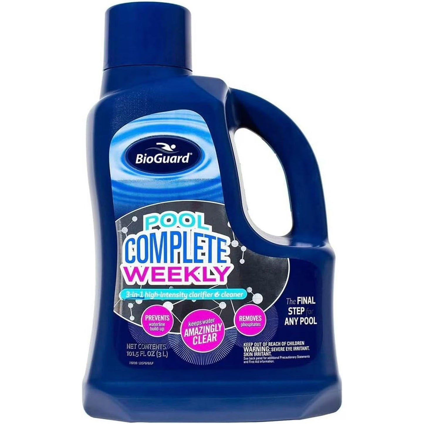 Blue bottle of BioGuard Pool Complete Weekly pool cleaner on a white background