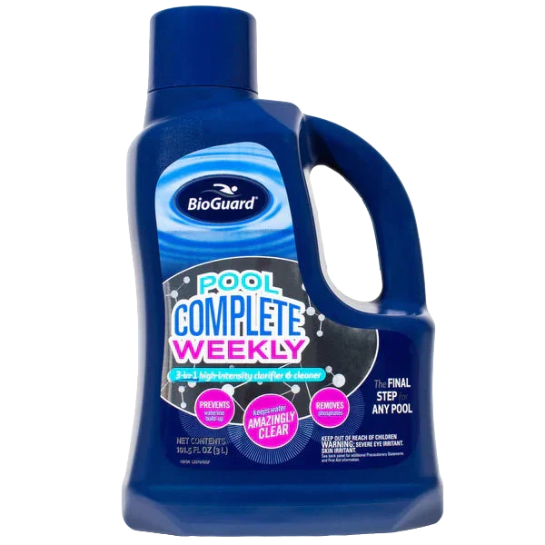 A blue bottle of BioGuard Pool Complete Weekly by BioGuard with a handle, designed to prevent issues, remove contaminants, and keep pool water clear for simple maintenance.