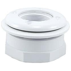 The CMP Vinyl Pool In/Out Wall Return Fitting 1.5" FIP x 1.5" FIP | 25522-000-000 is a white plastic threaded fitting with a hexagonal base, ideal for integrating into pool wall systems.