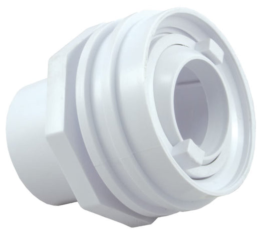 The CMP Flush Mount Return Fitting (25555-000-000) by CMP is a white plastic plumbing fitting with a threaded end and hexagonal base for connection and securing, isolated on a white background.