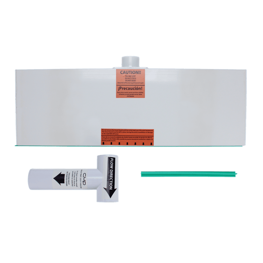 The CMP 24" Waterfall Back Port with a 6" Lip, White (25577-230-000) features a caution-labeled rectangular design. It has a cylindrical filter marked "FLOW DIRECTION" and includes a green straw-like element for efficient operation and smooth water flow.