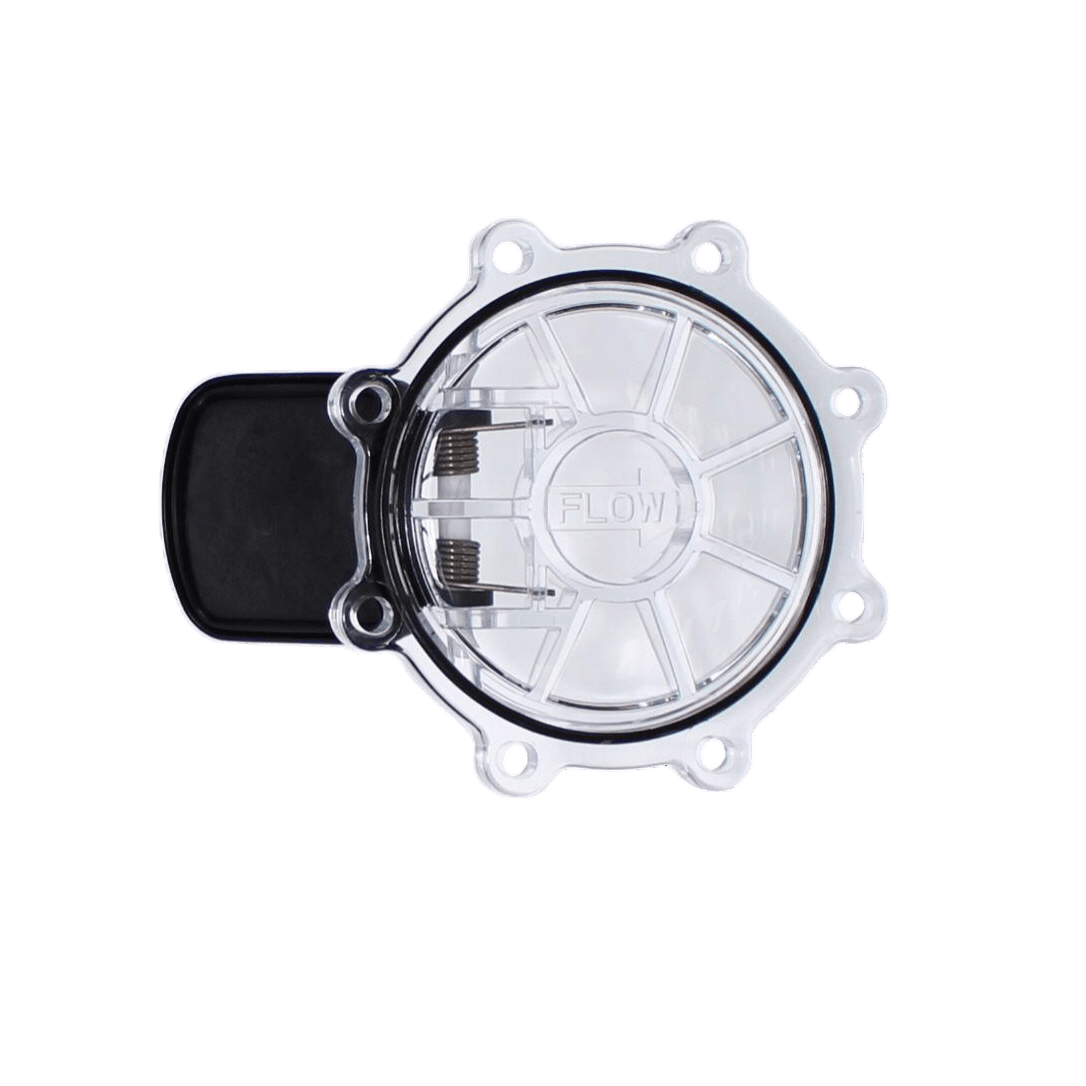 Top view of a circular CMP Check Valve Flapper Assembly | 25830-704-800 with a black connector on the left side, set against a gray gradient background.