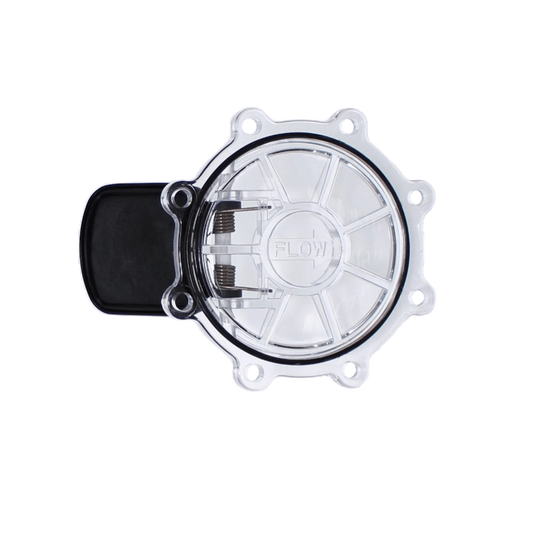 Top view of a circular CMP Check Valve Flapper Assembly | 25830-704-800 with a black connector on the left side, set against a gray gradient background.