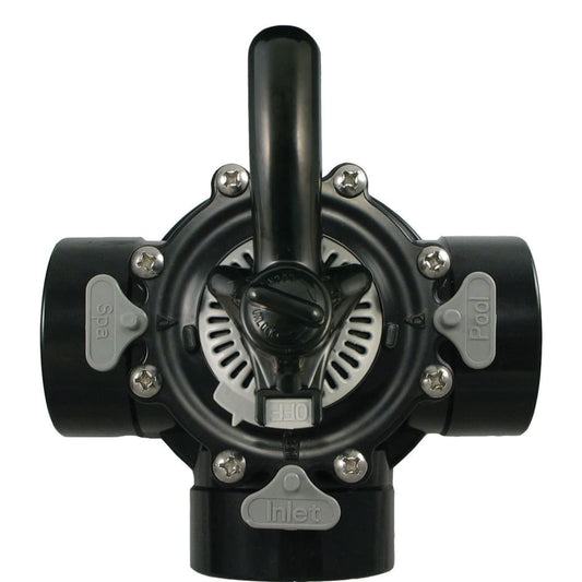 The CMP HydroSeal 2" Socket × 2.5" Spigot 3-Way Diverter Valve (25913-204-000) is a black multi-port valve with a central handle, labeled positions for pool, spa, and off. Featuring four connection points, its durable design delivers superior performance similar to Hydroseal diverter valves.