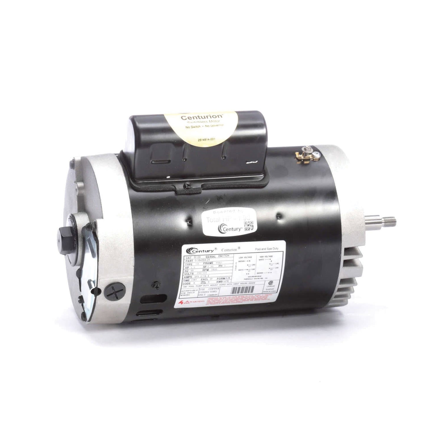 The Century Pool Pump Motor 1.5HP, 1 Phase by Century features a sleek black cylindrical body, silver ends, a top-facing label, and a right-side shaft. Ideal for pool or spa motor replacements, it is elegantly displayed against a pristine white background.