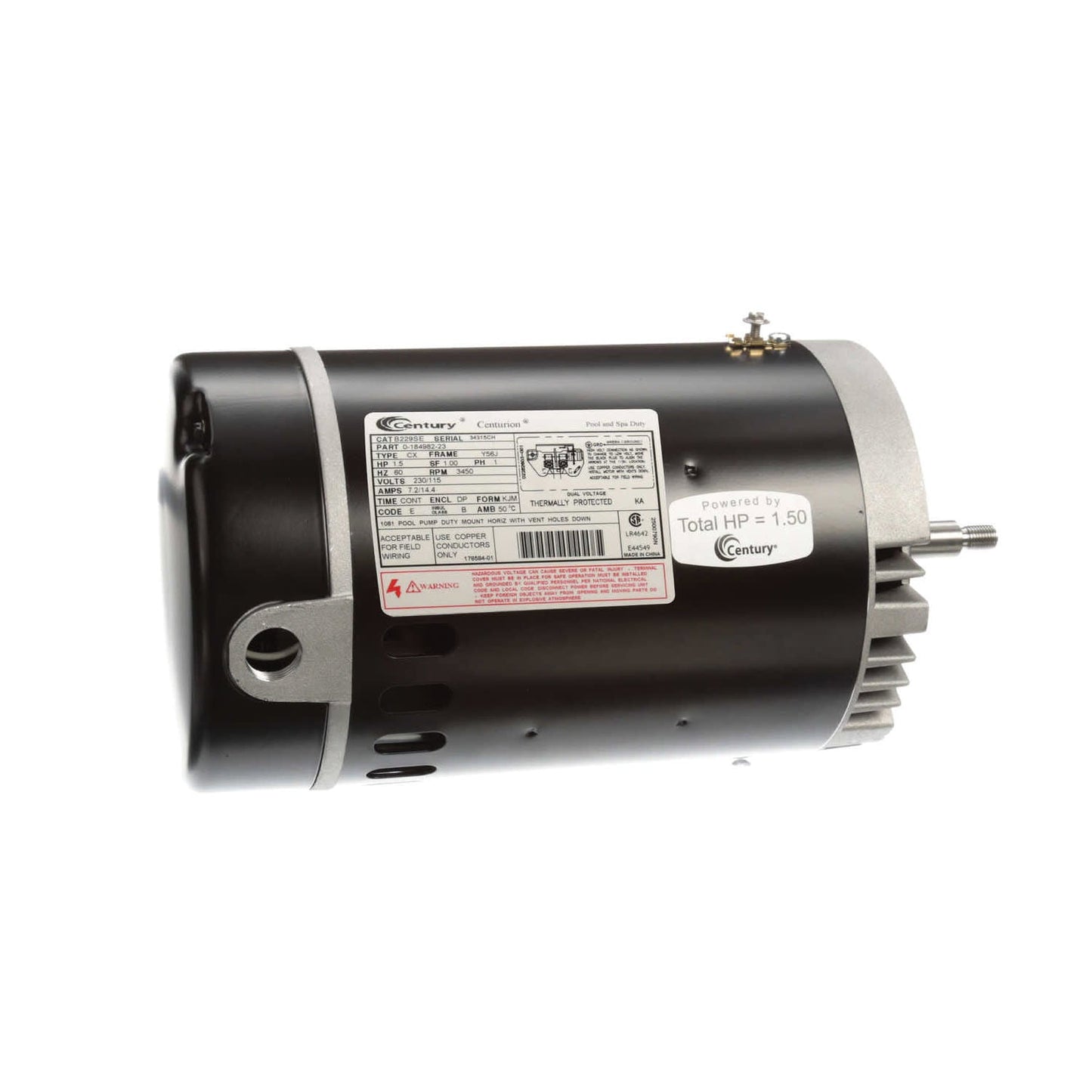 A Century Pool Pump Motor, model B229SE, comes in black with a metallic gray end and a white specification label reading "Total HP: 1.50." This high-performance motor enhances running efficiency for pools and spas with its 1-speed, 1-phase capability at 60Hz (230/115V) using a 56J frame.