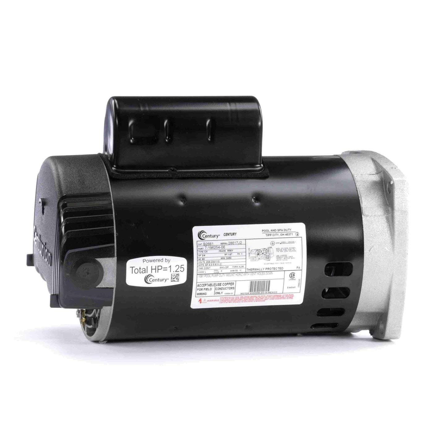 A sleek black and silver Century Pool Pump Motor (Model: B2661) featuring triple seal protection and a detailed specs label is perfectly positioned horizontally against a crisp white background.