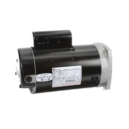 The Century Pool Pump Motor, a black cylindrical 2HP motor labeled "Total HP=2.20," includes wiring connectors and a metallic mounting bracket for easy installation as a replacement pool or spa motor. Model: B2855 by Century, 1-Speed, 1 Phase, 60Hz, 230V, and fits the 56Y Frame.