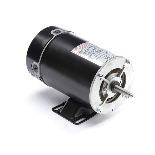 The Century Thru-Bolt Pool Pump Motor 1HP (BN25V1) features a black and silver design with a metal base, visible side label, and protruding front shaft for efficient, powerful performance.