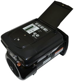 Century's black electric air compressor features the Century V Green Variable Speed Motor Square Flange 1.65HP 48Y Frame (ECM16SQU) with an open top panel for controls and buttons, providing enhanced energy savings.