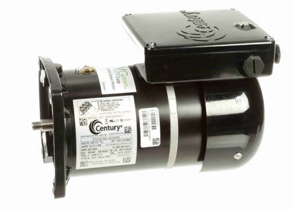 The Century VGreen Evo VS Motor 1.30HP, featuring a black casing with multiple stickers and a projecting metal shaft, aligns with DOE regulations for energy-efficient pool pumps as a variable speed motor.