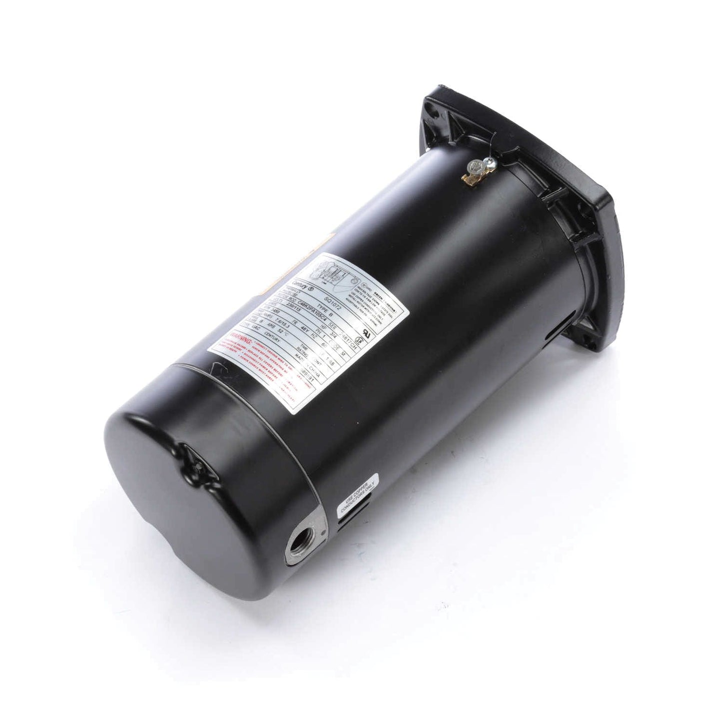 A Century Pool Pump Motor Square Flange in black, labeled as SQ1072, sits elegantly on a white surface. This impressive Century motor features 3/4HP and a 115/230V 48Y frame, meticulously designed for high-performance pool filtration.