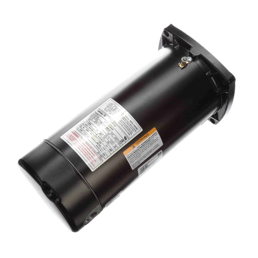 The Century Pool Pump Motor SQ1102 is a black cylindrical electric motor with a single-speed design and square flange, featuring various stickers and labels. It has a sturdy metal mounting base, visible side screw, and is ideal as a 1 HP full-rated pool filter motor.