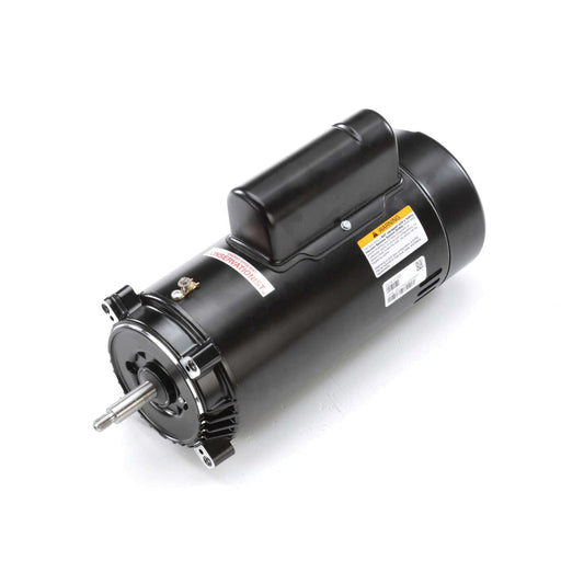 The Century Pool Pump Motor (Model ST1202) is a black, energy-efficient electric motor with a cylindrical body and metal shaft. It features labels, connection terminals, and a single-speed design, making it an ideal NEMA C-Face pool filter motor.