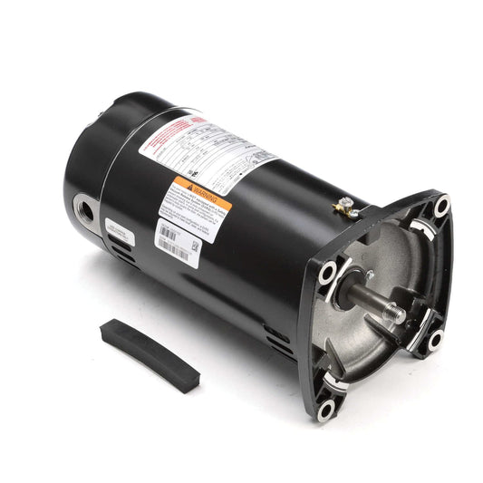 The Century Pool Pump Motor (USQ1102) is a black, cylindrical 1 HP electric motor with an exposed shaft and square flange mounting brackets, ideal for pool filter use. Set against a white background.