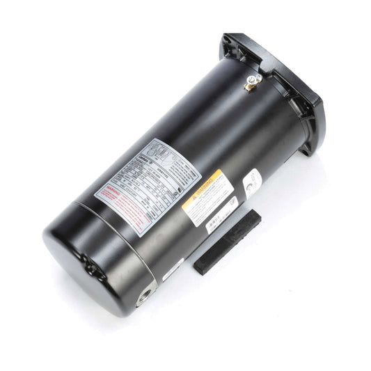 The Century Pool Pump Motor USQ1152, with a black cylindrical design complete with safety labels and identification markings, is positioned diagonally on a white background. Ideal as an A.O. Smith replacement for spa pool motors.