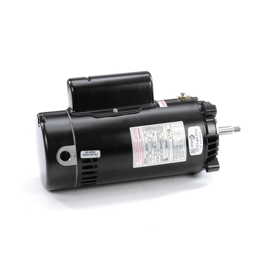 The Century Pool Pump Motor, UST1202, from Century features a sleek black cylindrical shape with a threaded shaft on one end and detailed specifications on its side, ideal for replacement pool motors.