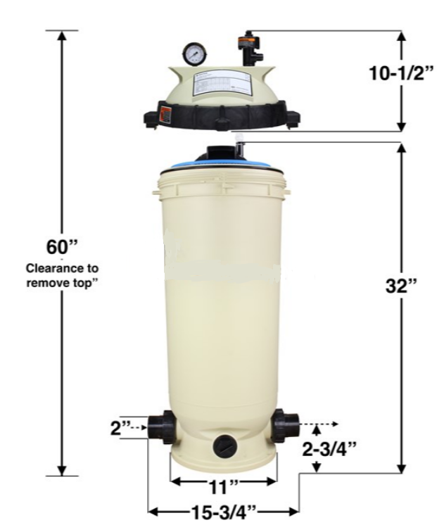 Diagram of Pentair Clean & Clear 100 sq ft Cartridge Filter (EC-160316) highlighting optimal filtration efficiency. Dimensions: 60" total clearance, 32" cylinder height, 10-1/2" top height, 11" width, and 2-3/4" port size.