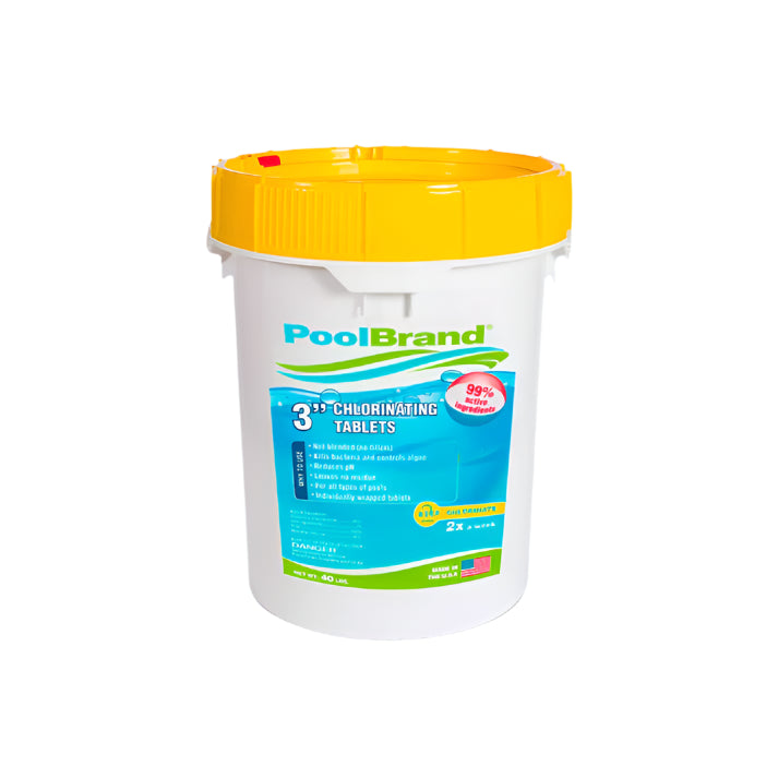 White bucket with a yellow lid labeled "Pool Goods," containing 3-inch Pool Brand chlorinating tablets for pool sanitation, 25 lb pail - Wrapped (12002133).