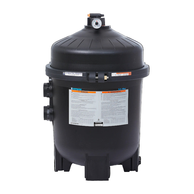 The Pool Goods Hayward 36 SqFt ProGrid DE Filter W3 (W3DE3620) features a black canister with top-mounted pressure gauge, labeled front instructions, and multiple side pipe connectors for optimal pool water clarity.