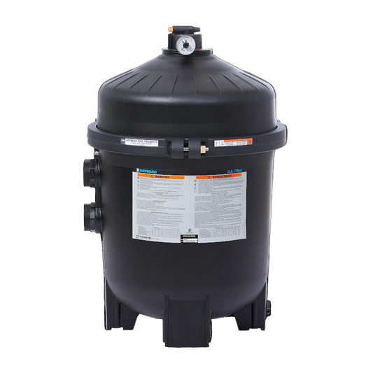 The Pool Goods Hayward 36 SqFt ProGrid DE Filter W3 (W3DE3620) features a black canister with top-mounted pressure gauge, labeled front instructions, and multiple side pipe connectors for optimal pool water clarity.