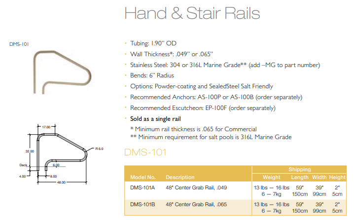 SR Smith 48" Deck Mounted Pool Handrail, Stainless Steel | DMS-101A